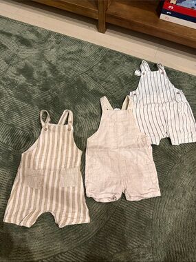Kids Neutral Stripe and Solid Linen Overalls - Set of 3